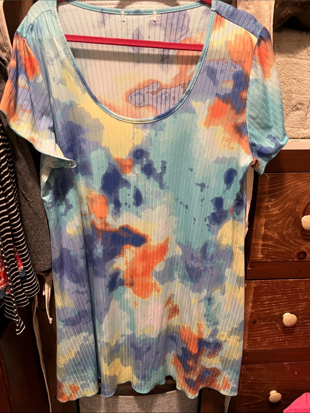 Women's Scoop Neck Short Sleeve Tie-Dye Ribbed Top - Blue Multi